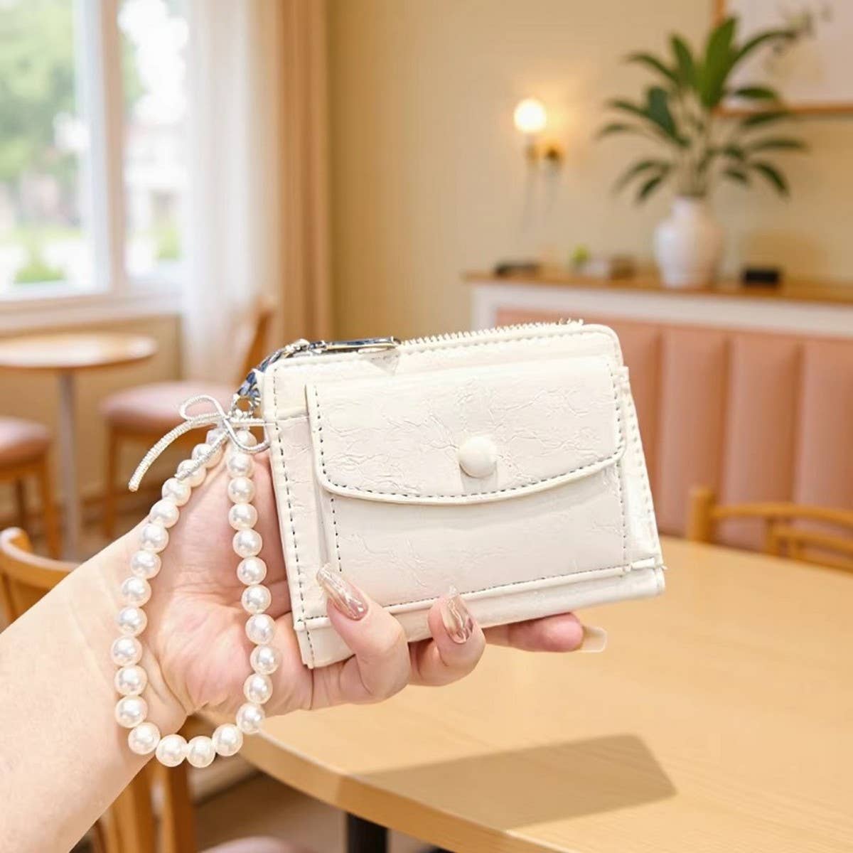 Minimal Crackle Bow Pearl Zip Bifold Wallet_Cwab06202