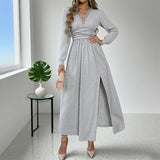 Solid-Color Brushed V-Neck Long-Sleeved Dress