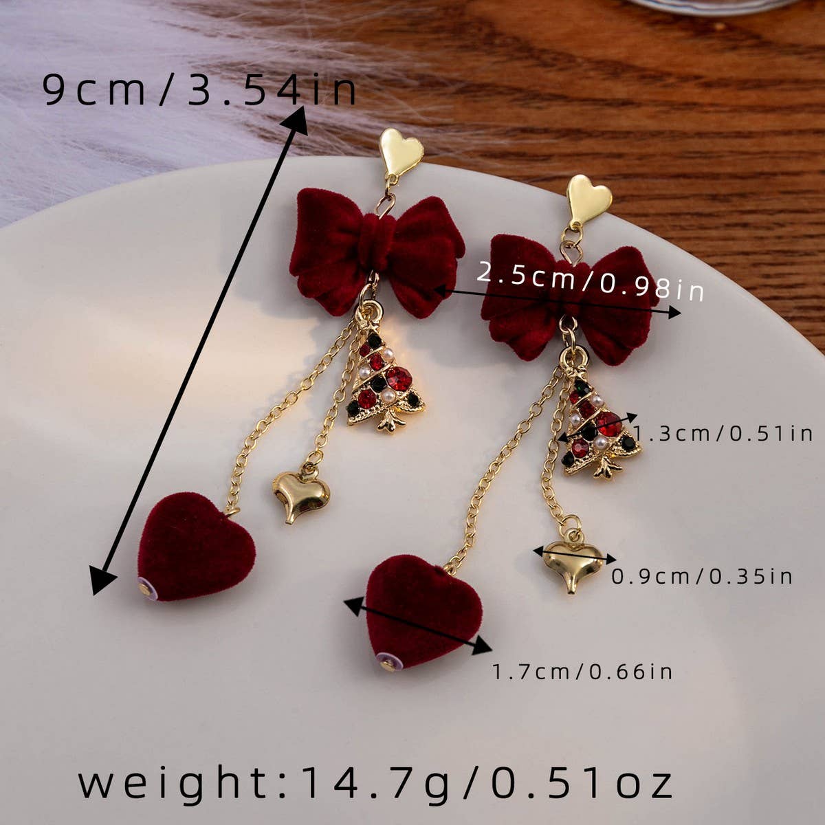 NEW BURGUNDY BOW LONG HEART EARRINGS_CWAJE1860