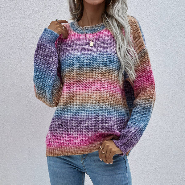 Pullover Striped Crew Neck Loose Rainbow Sweater