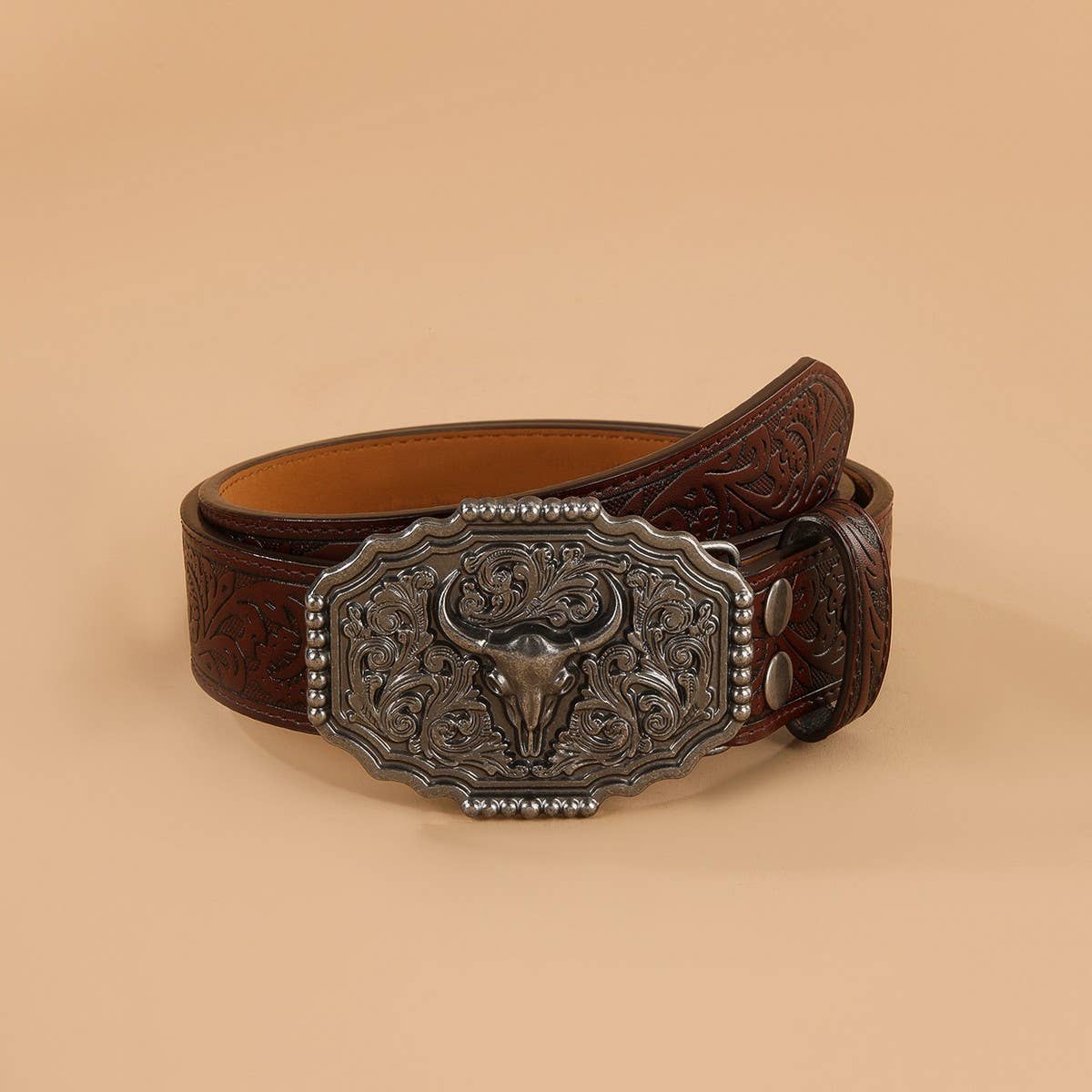 BULL HEAD CARVED VINTAGE DISTRESSED EMBOSSED BELT_CWMM3942