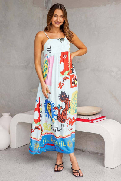 CWDMD3030_PRINTED SUSPENDER DRESS WITH WIDE SWING