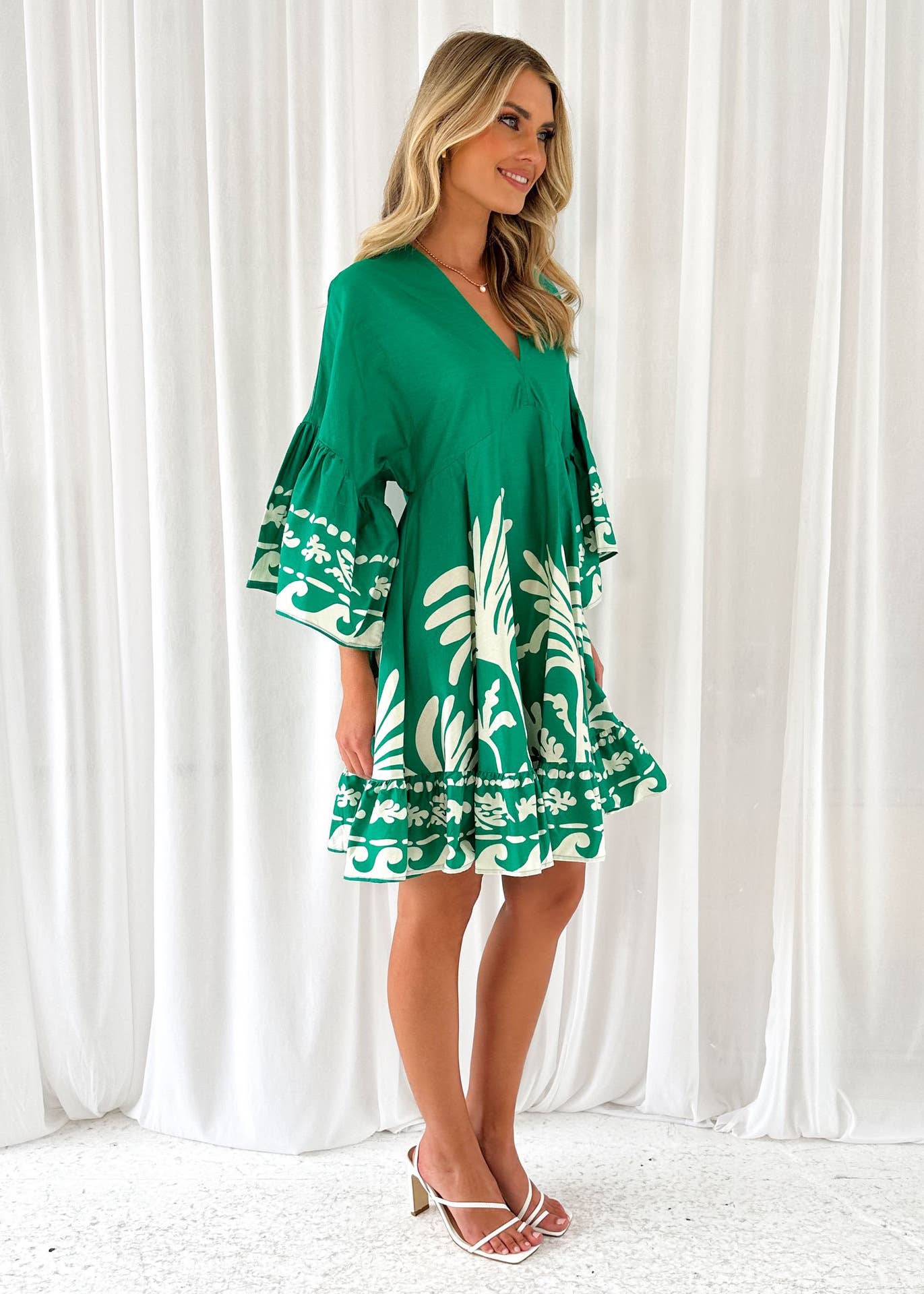 V-Neck Print Flared Sleeves Loose Short Dress