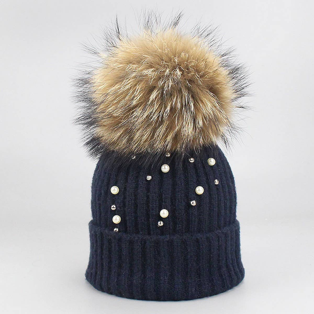 Women¡¯S Knit Beanie With Pearl & Fur Pom_Cwah04987