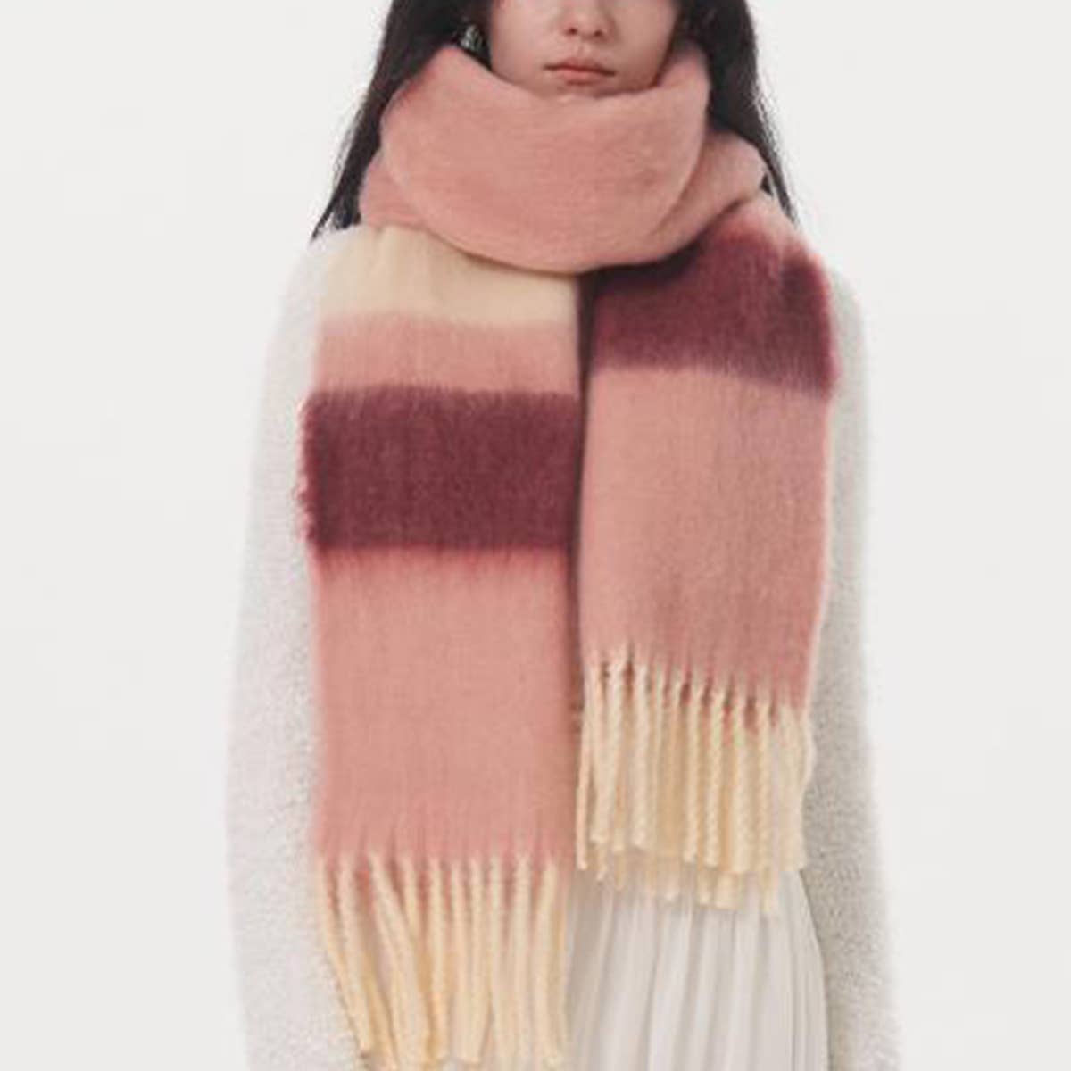 Women Contrasting Striped Fringed Plaid Scarf