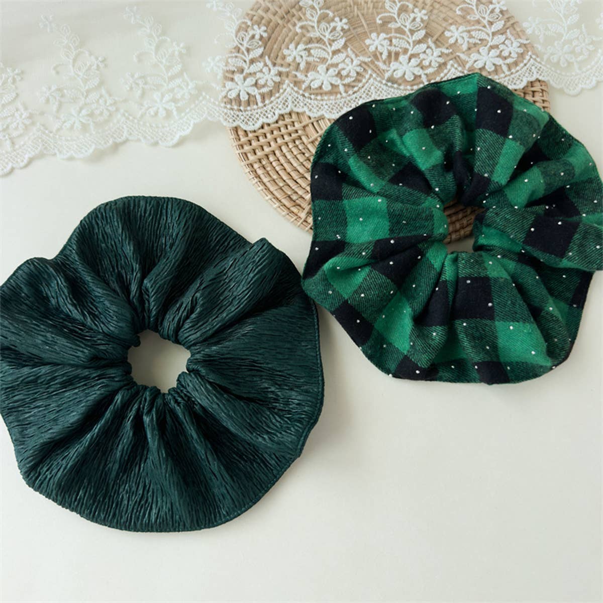 Xmas Plaid Bead Hair Scrunchie Retro Tie_Cwaha07608