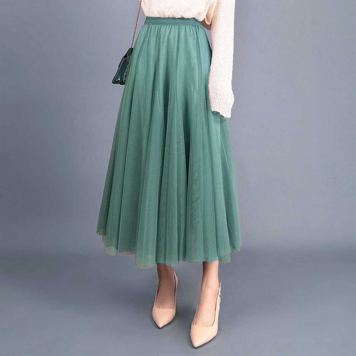 HIGH WAIST TULLE A LINE PLEATED MIDI SKIRT_CWBMS0378