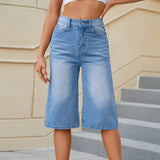 Washed Elastic Waist Denim Capri Pants