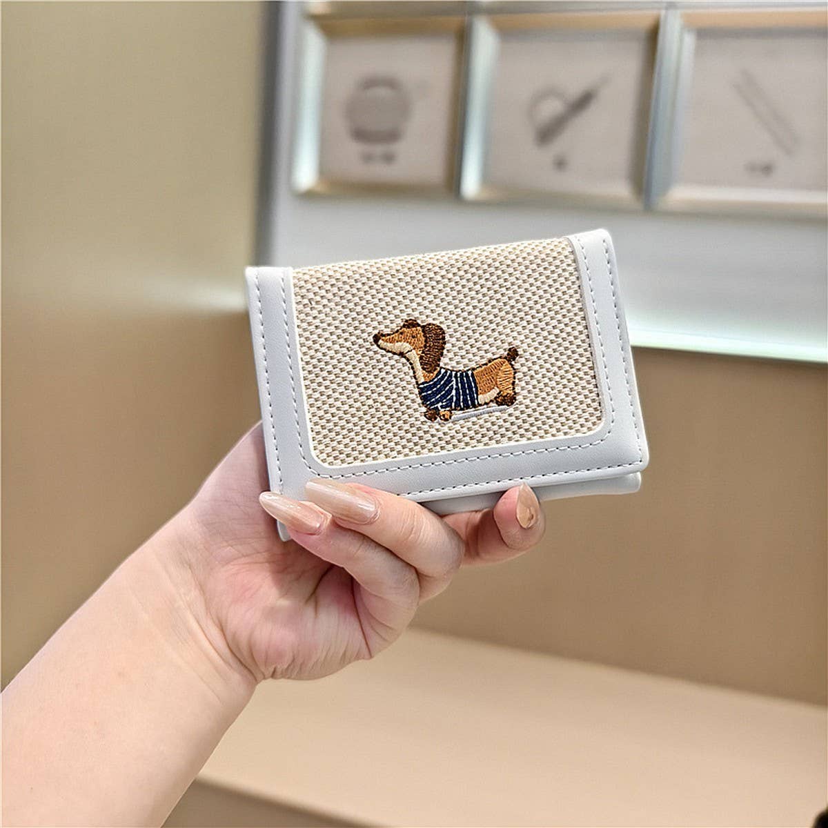 Cute Embroidered Dachshund Tricolor Trifold Wallet_Cwab06209