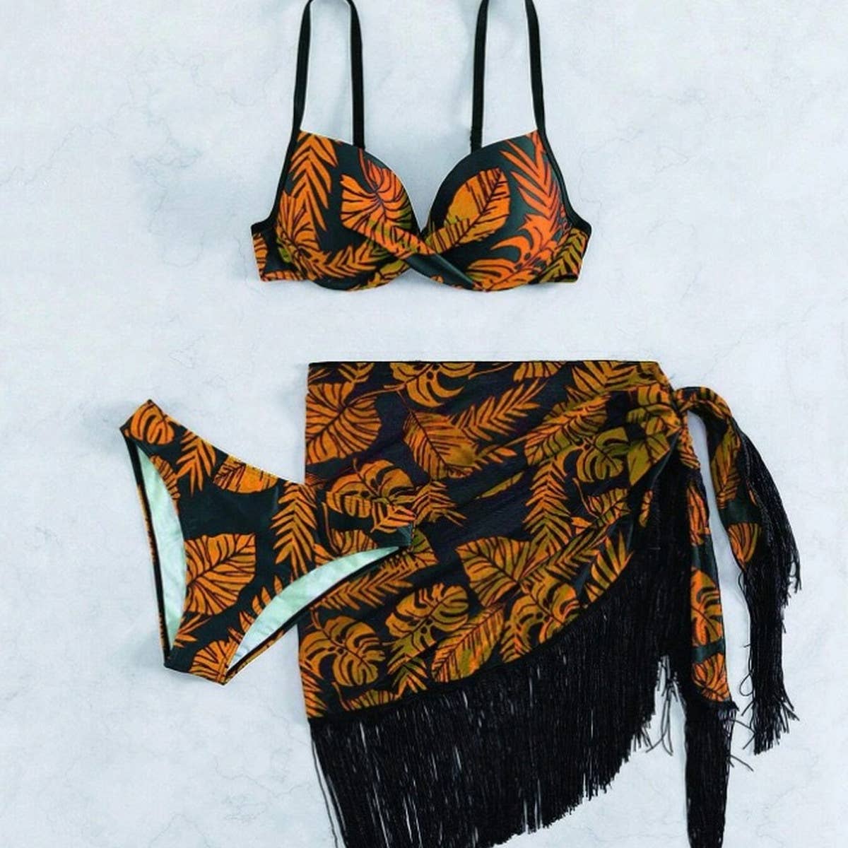 PRINTED TASSEL WRAP SKIRT THREE PIECE SWIMSUIT_CWMW0335
