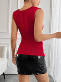 Solid-Color Pendant Neck Side-Pleated T-Shirt