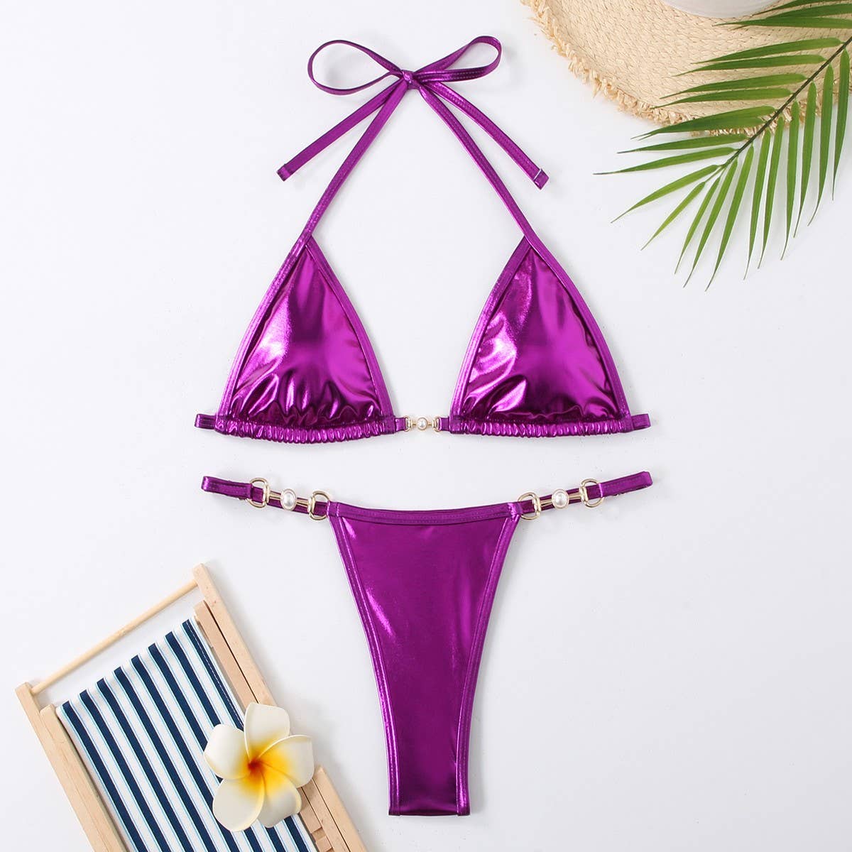 Tie Side Bikini Set Shiny Solid Color Swimsuit