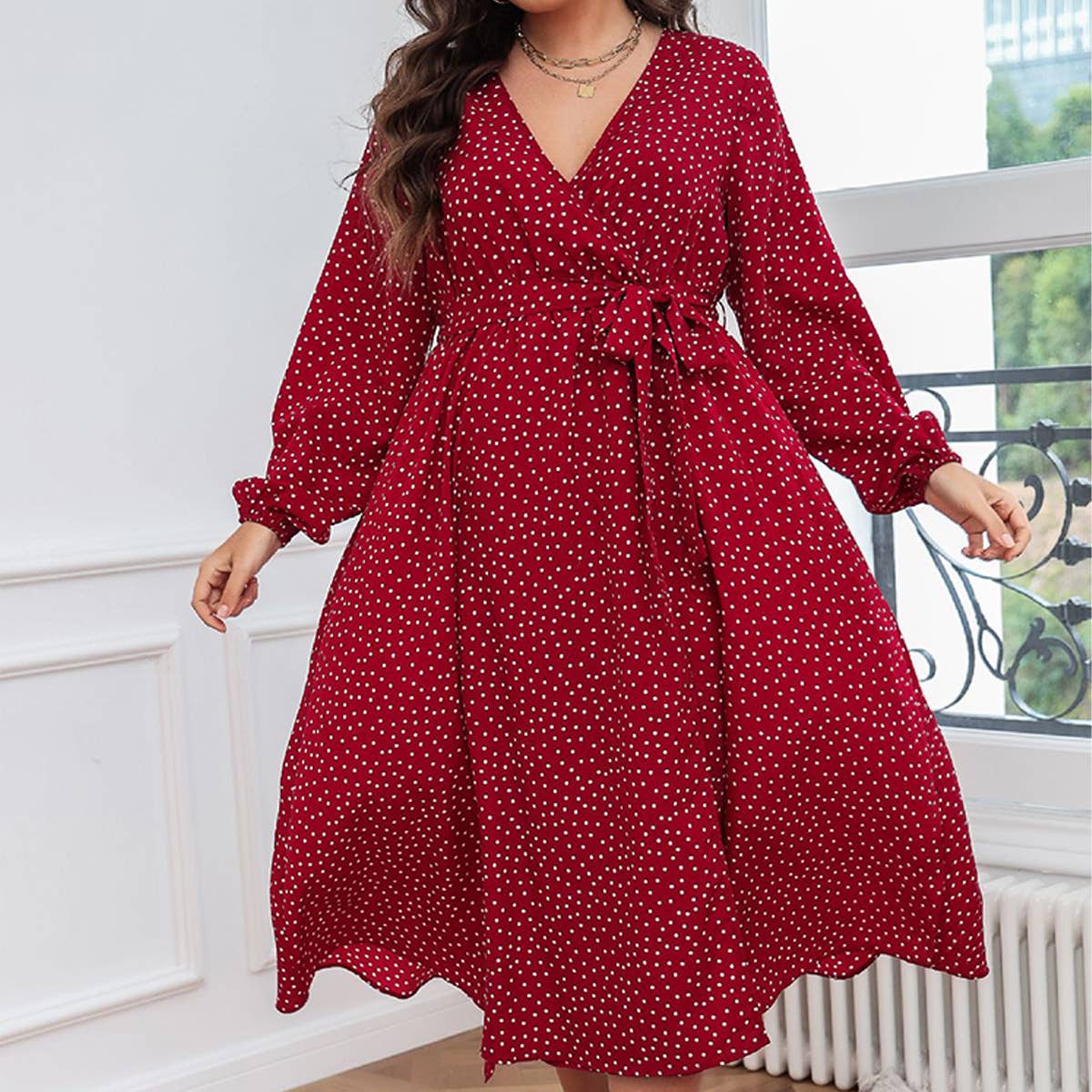ELEGANT POLKA DOT RED MAXI DRESS FOR FALL_CWDSD8480