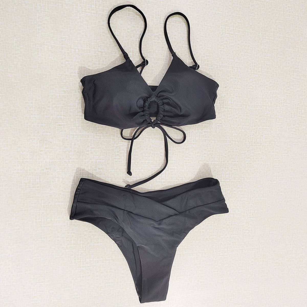 Tied Bow Bikini Set-Solid Color Sexy Swimsuit_Cwmw0189