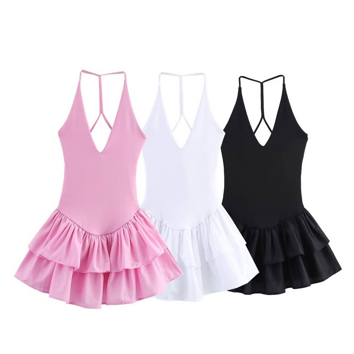 SOLID COLOR V NECK HALTER PATCHWORK DRESS_CWDHL0984