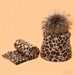 Leopard Knit Beanie With Pom & Scarf Set_Cwah04988