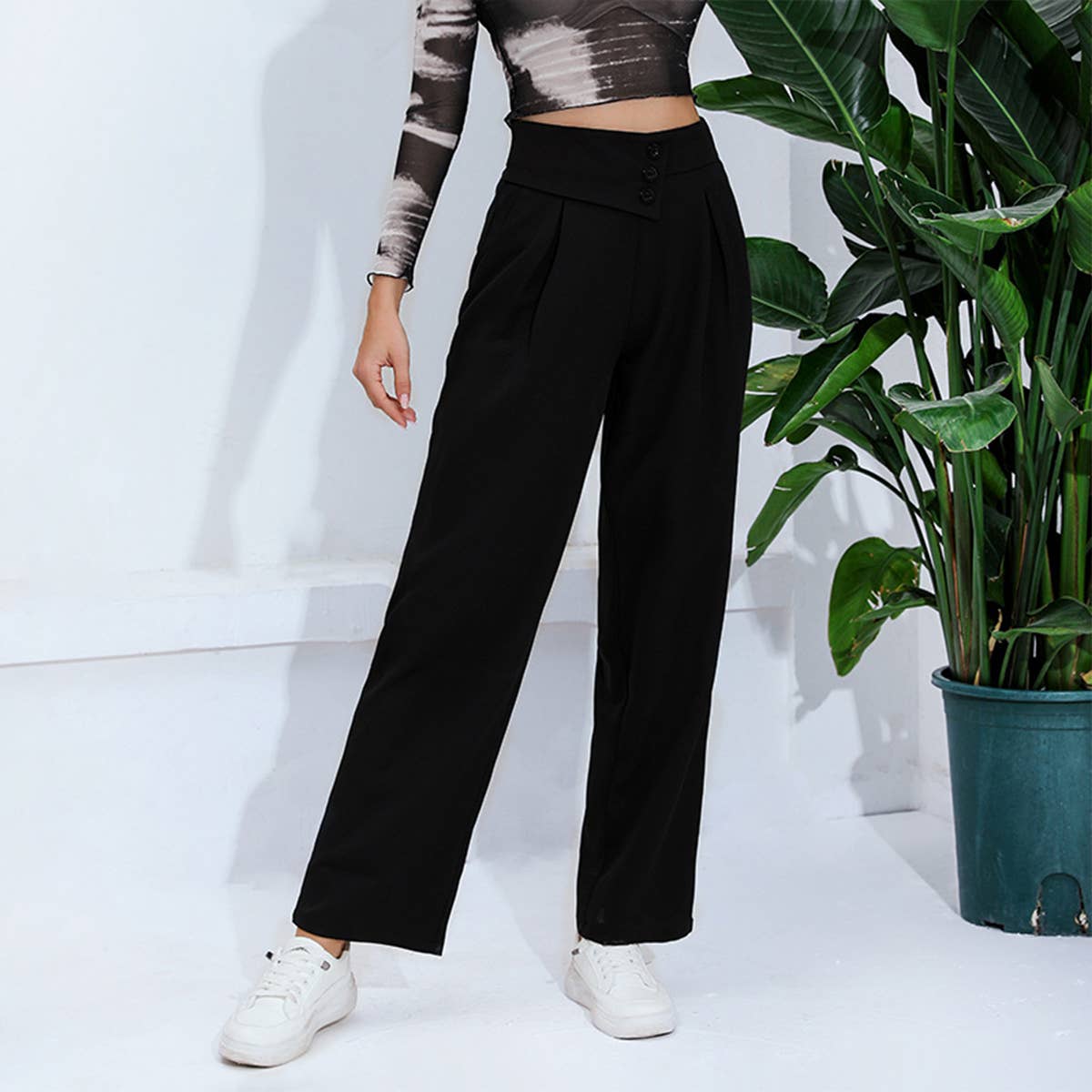 Solid color high-waisted commuter suit pants_cwblp1078