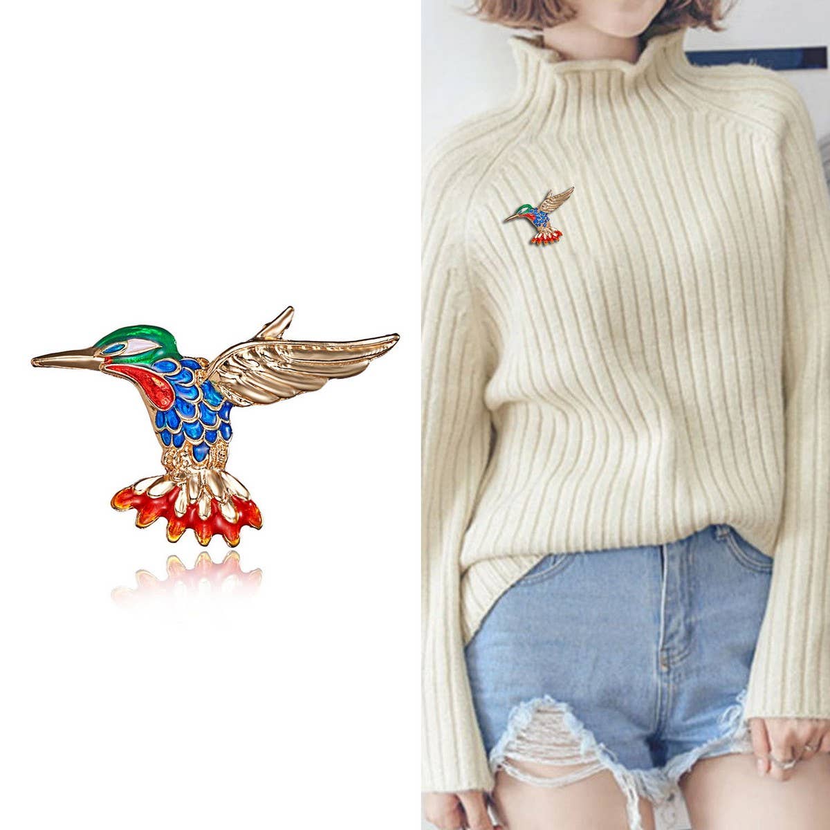 Cwaje2571_Hummingbird Water Drop Painting Oil Animal Brooch