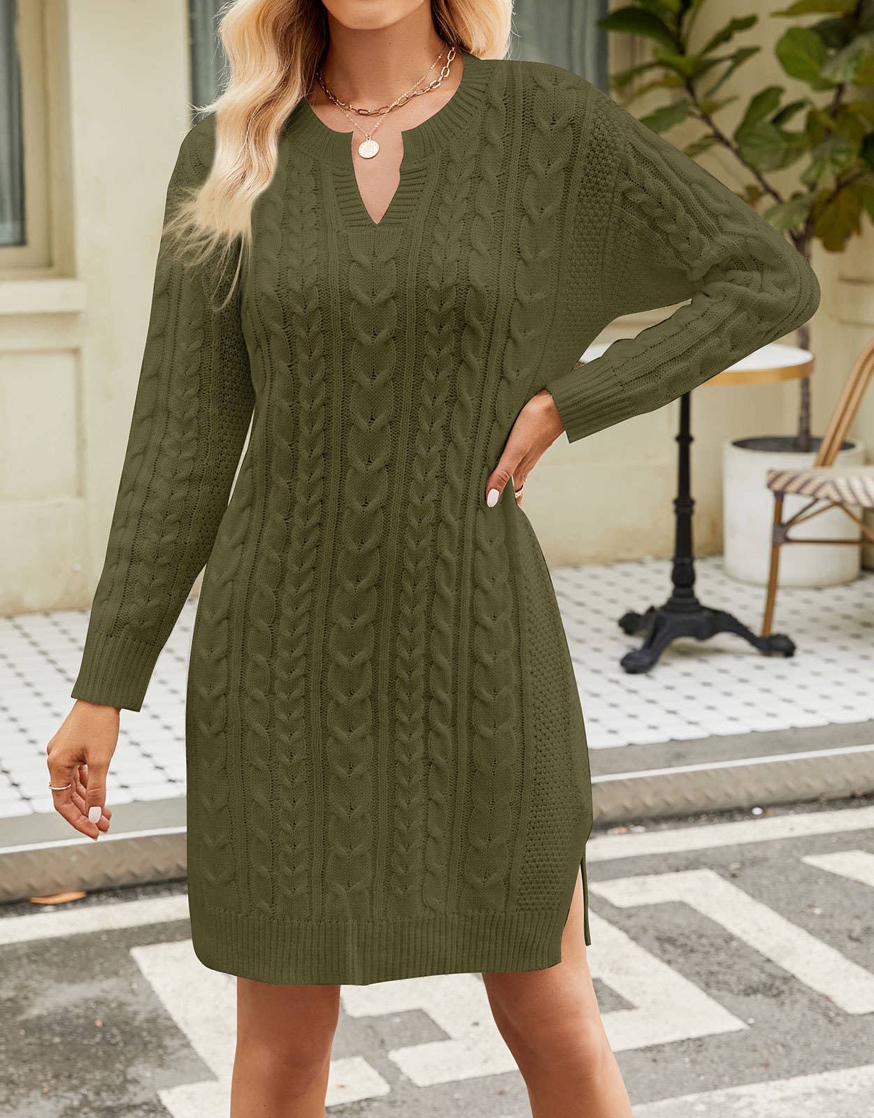 Solid Color Open V-Neck Sweater Dress
