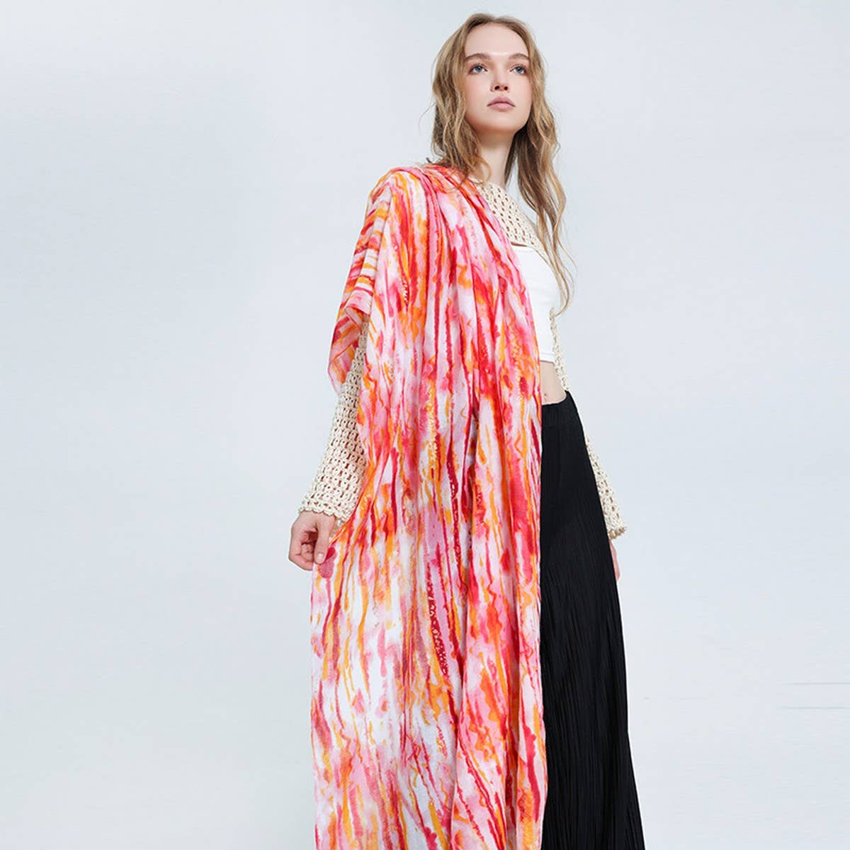 COLOR LINE PRINT SCARF GOLD ACCENT BEACH WRAP_CWASC0686