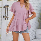 V-Neck Double-Sleeved Solid Color Loose Shirt