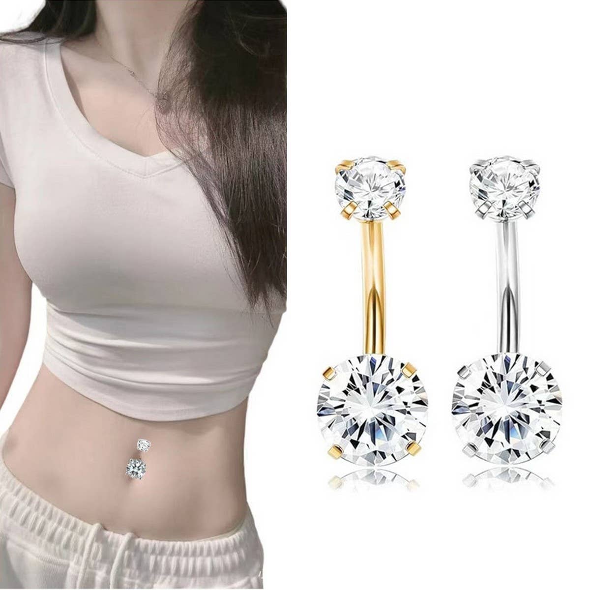 DOUBLE CZ BALL BELLY RING PRONG SET DESIGN_CWMM9189