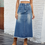 Wome Washed Denim Midi Skirt With Raw Hem_Cwjsk0199