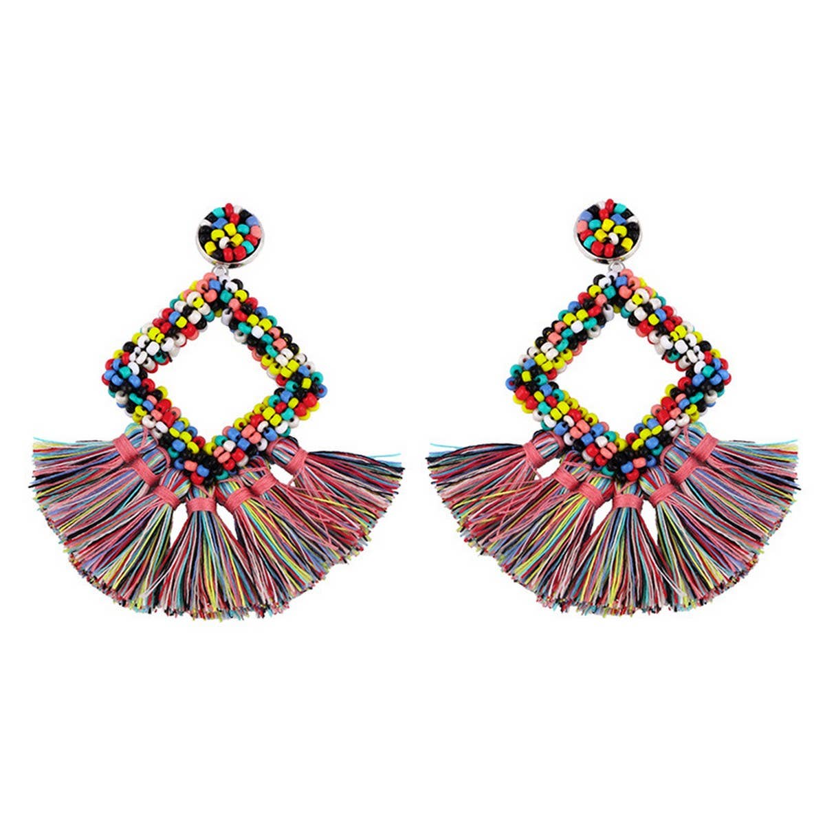 GEOMETRIC DIAMOND SHAPED RICE BEAD TASSEL EARRINGS_CWAJE1043