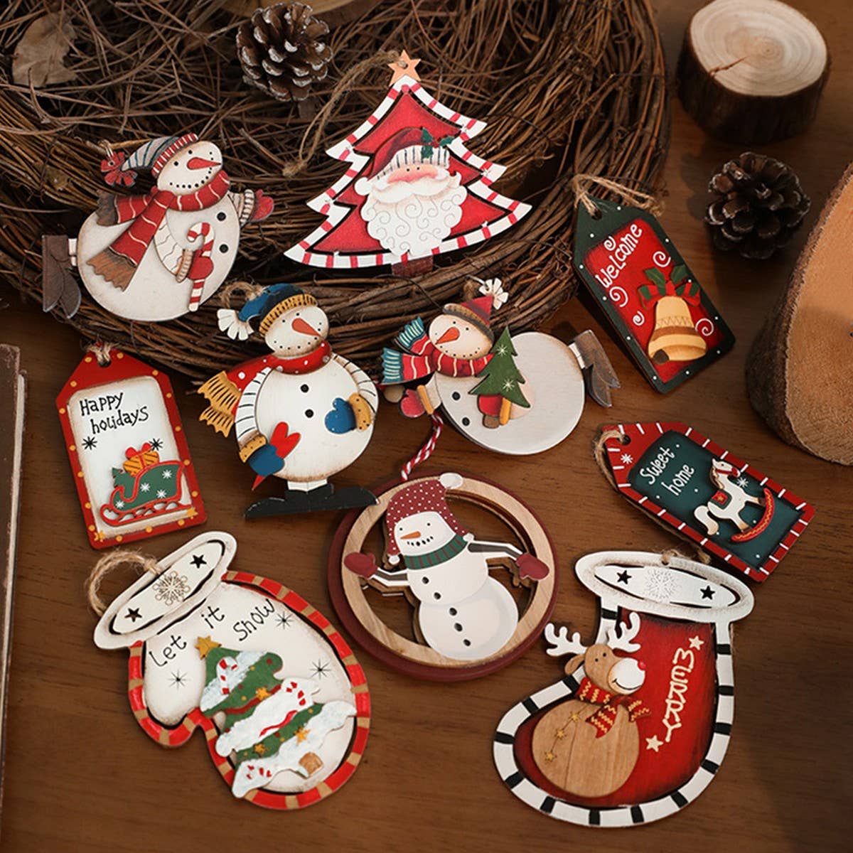 RUSTIC WOOD CHRISTMAS TREE SANTA SNOWMAN DECOR_CWMM9668