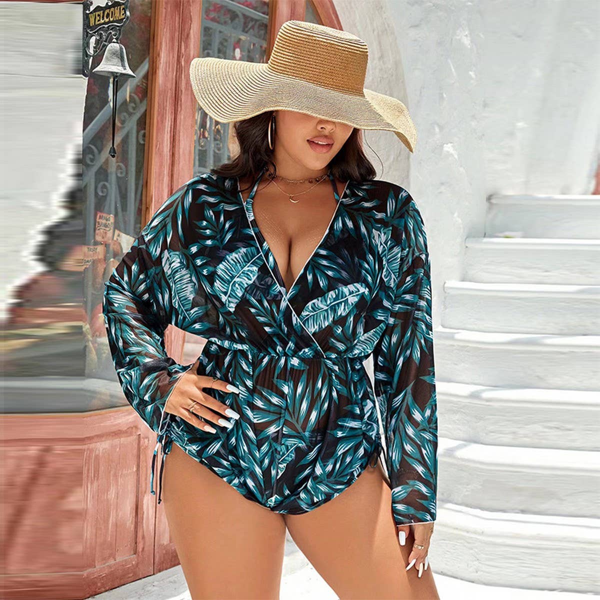 PLUS SIZE BIKINI PRINTED ONE PIECE SWIMSUIT SET_CWMW0599