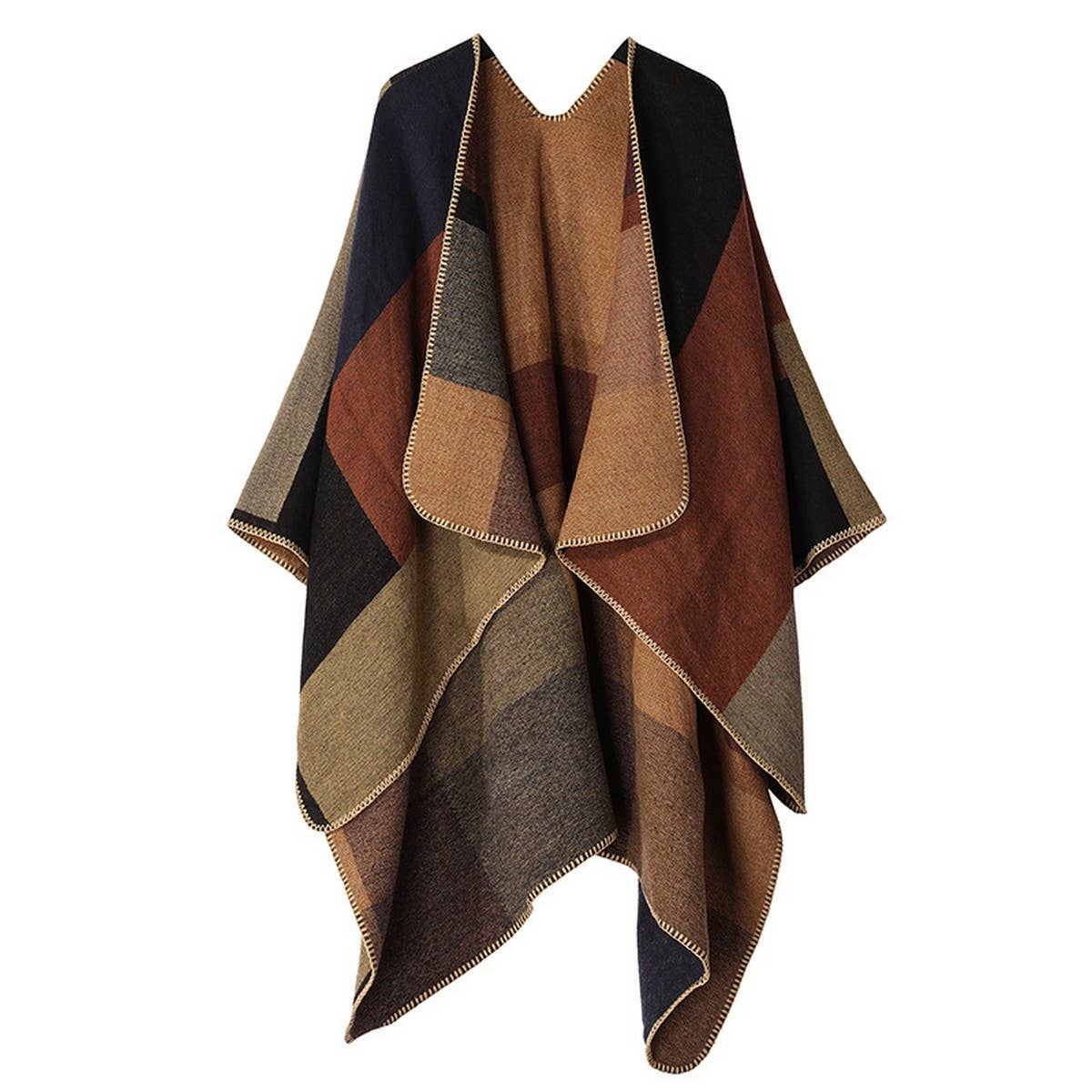 DOUBLE SIDED PLAID FAUX CASHMERE SHAWL CAPE_CWASC2135