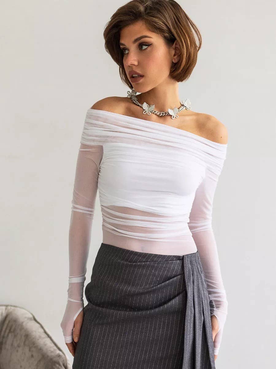 Solid Color Fit Line Neck Gauze Long Sleeve Top