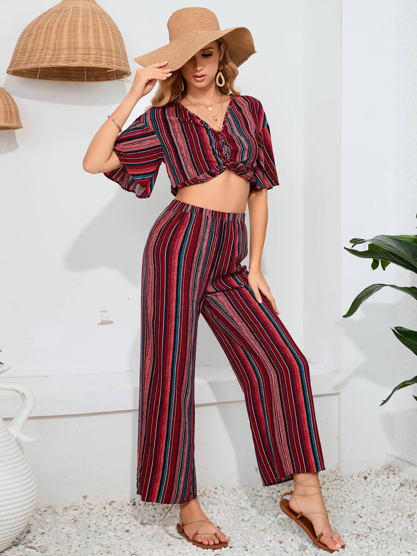 Striped Pants Short Sleeve Top Two-Piece Set