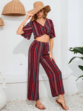 Striped Pants Short Sleeve Top Two-Piece Set