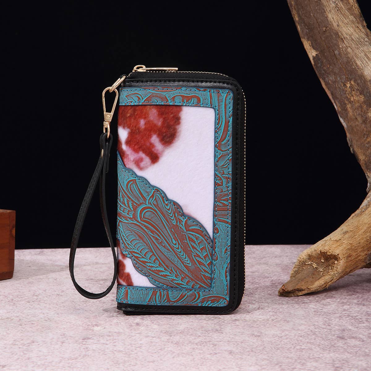 LEATHER CARVED EMBOSSED BOHEMIAN CLUTCH WALLET_CWAB2592