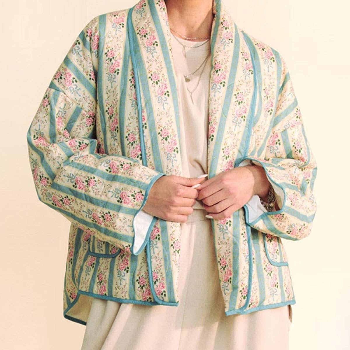 STRIPED FLORAL PRINT LOOSE QUILTED JACKET_CWOJA1552