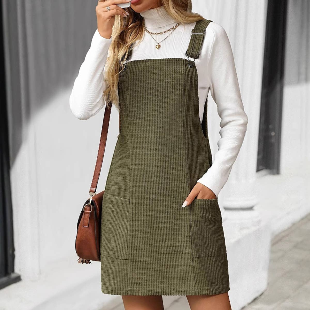 Textured Fabric Adjustable Strap Pocket Dress