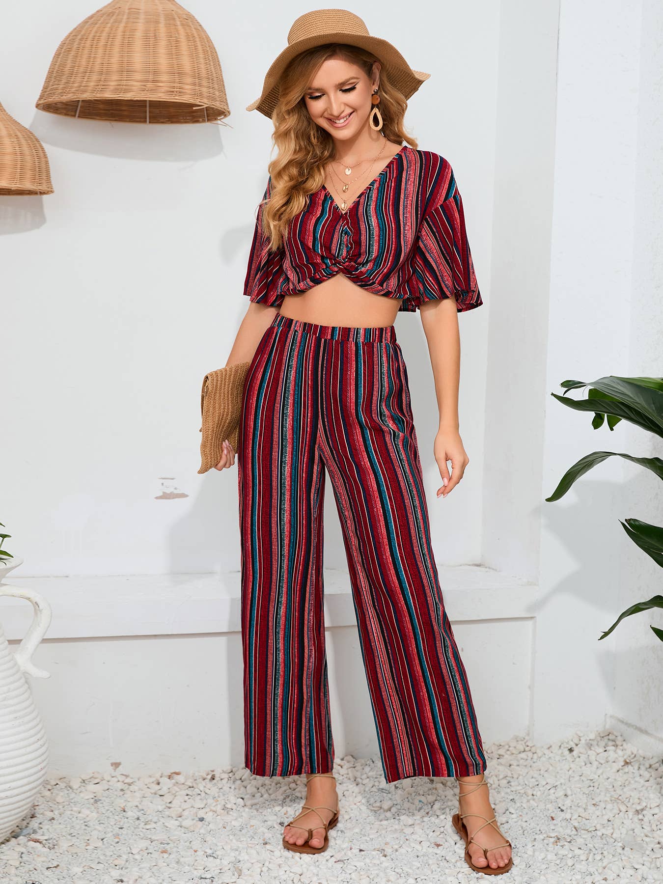 Striped Pants Short Sleeve Top Two-Piece Set