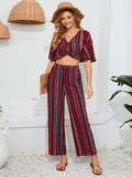 Striped Pants Short Sleeve Top Two-Piece Set