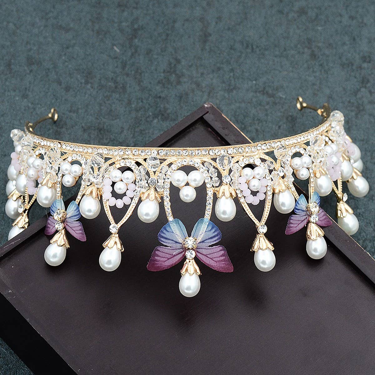 COLORFUL BUTTERFLY PEARL TIARA BRIDAL CROWN_CWMM2019