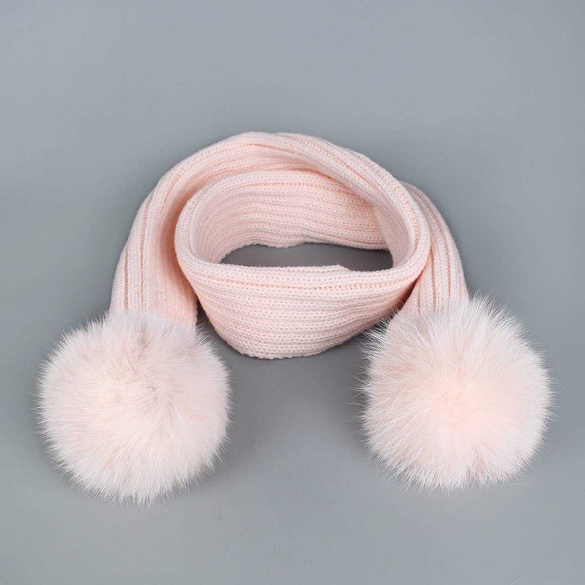 Winter Knit Scarf With Fox Fur Pom Poms_Cwasc03495