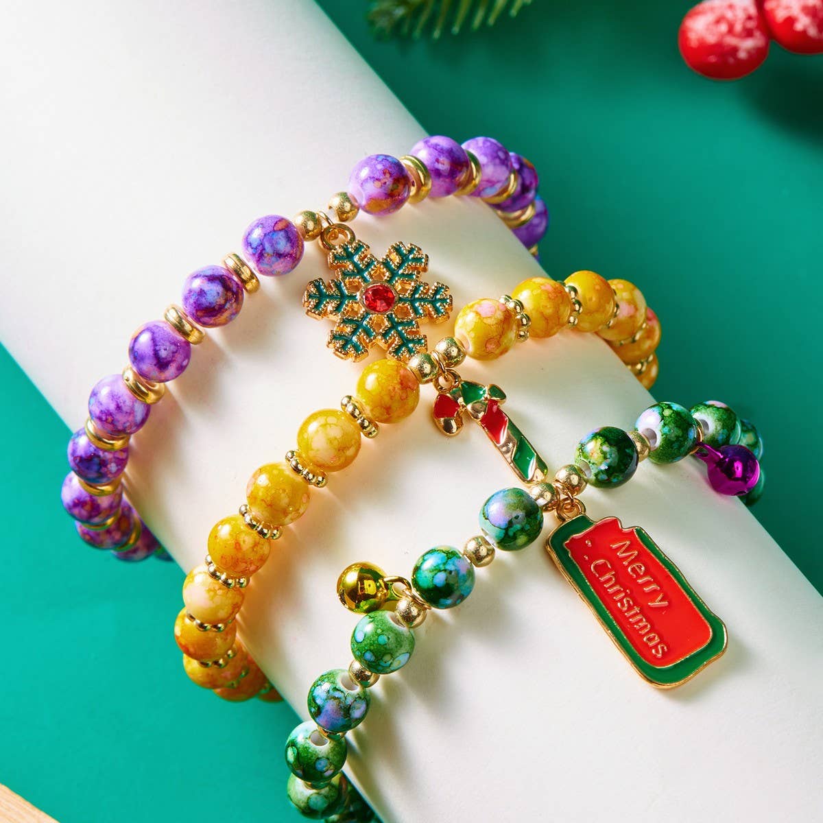 Cwaje2516_Christmas Bell Old Man Snowman Beaded Bracelet