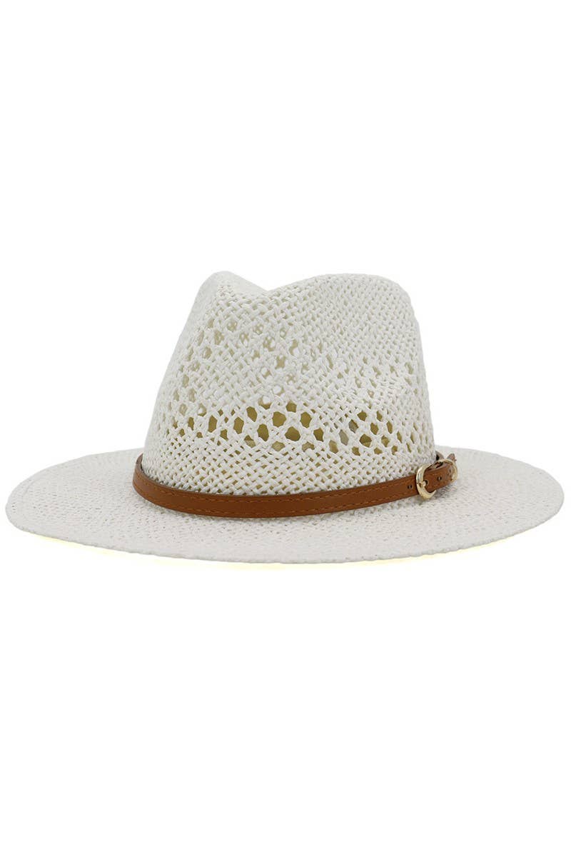 BROWN BELT VENTED WEAVE STRAW HAT_CWAH081