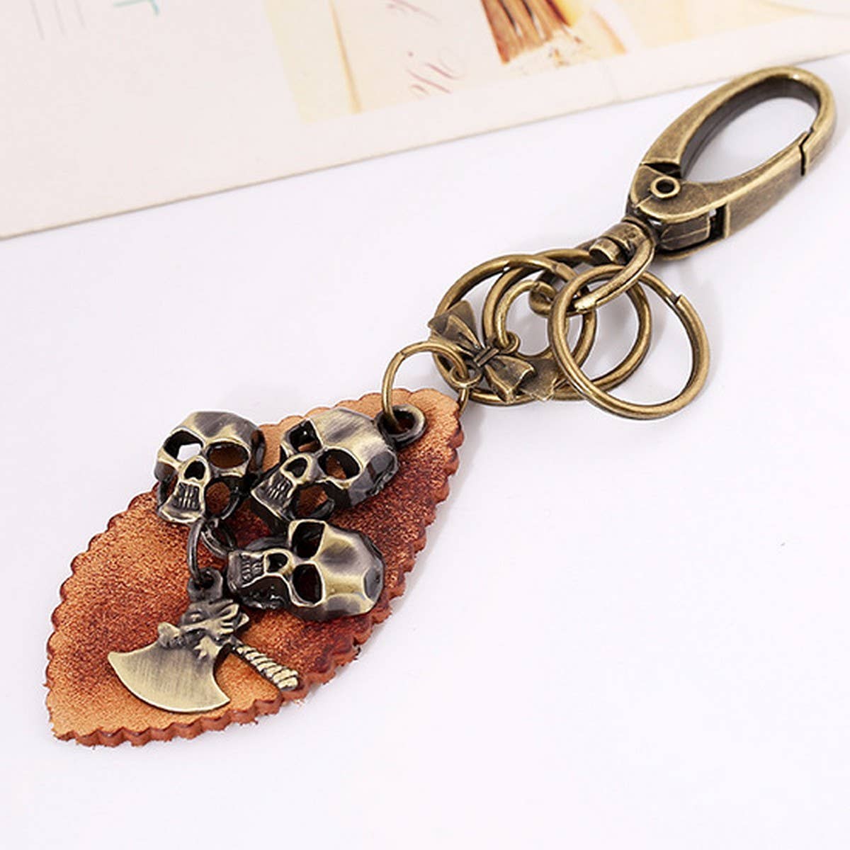 Vintage Punk Bronze Skull Leather Keychain_Cwmm5029