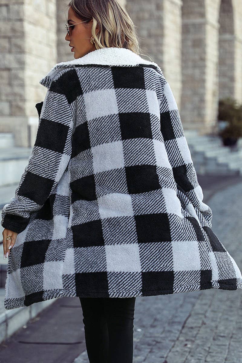 Women Cozy Warm Winter Plaid Fleece Coat Jacket_Cwoja0623