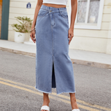 Wome Washed Denim Maxi Skirt Asymmetrical_Cwjsk0205
