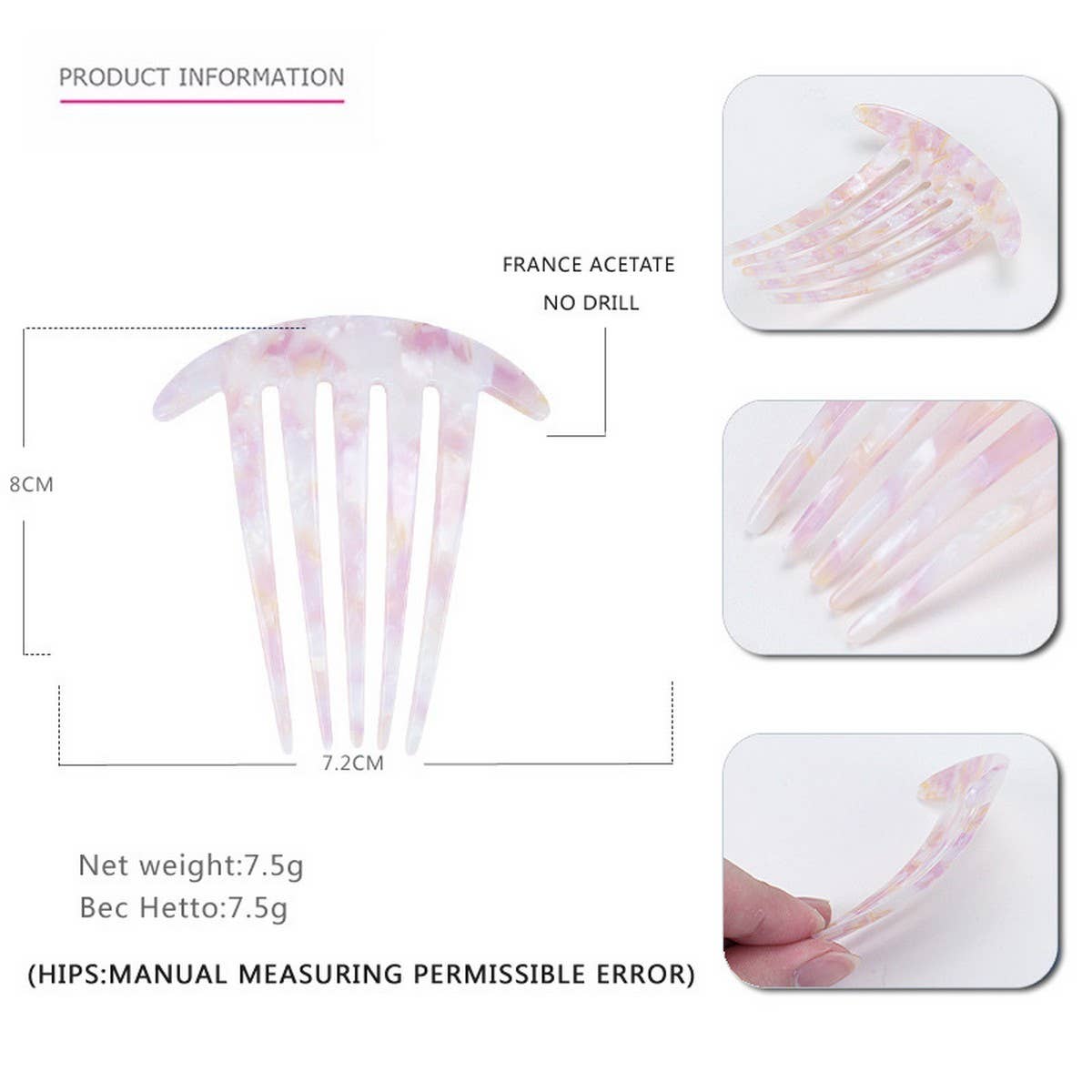 ACETATE PLATE HAIR COMB FIVE TOOTH HAIRACCESSORIES_CWAHA4216
