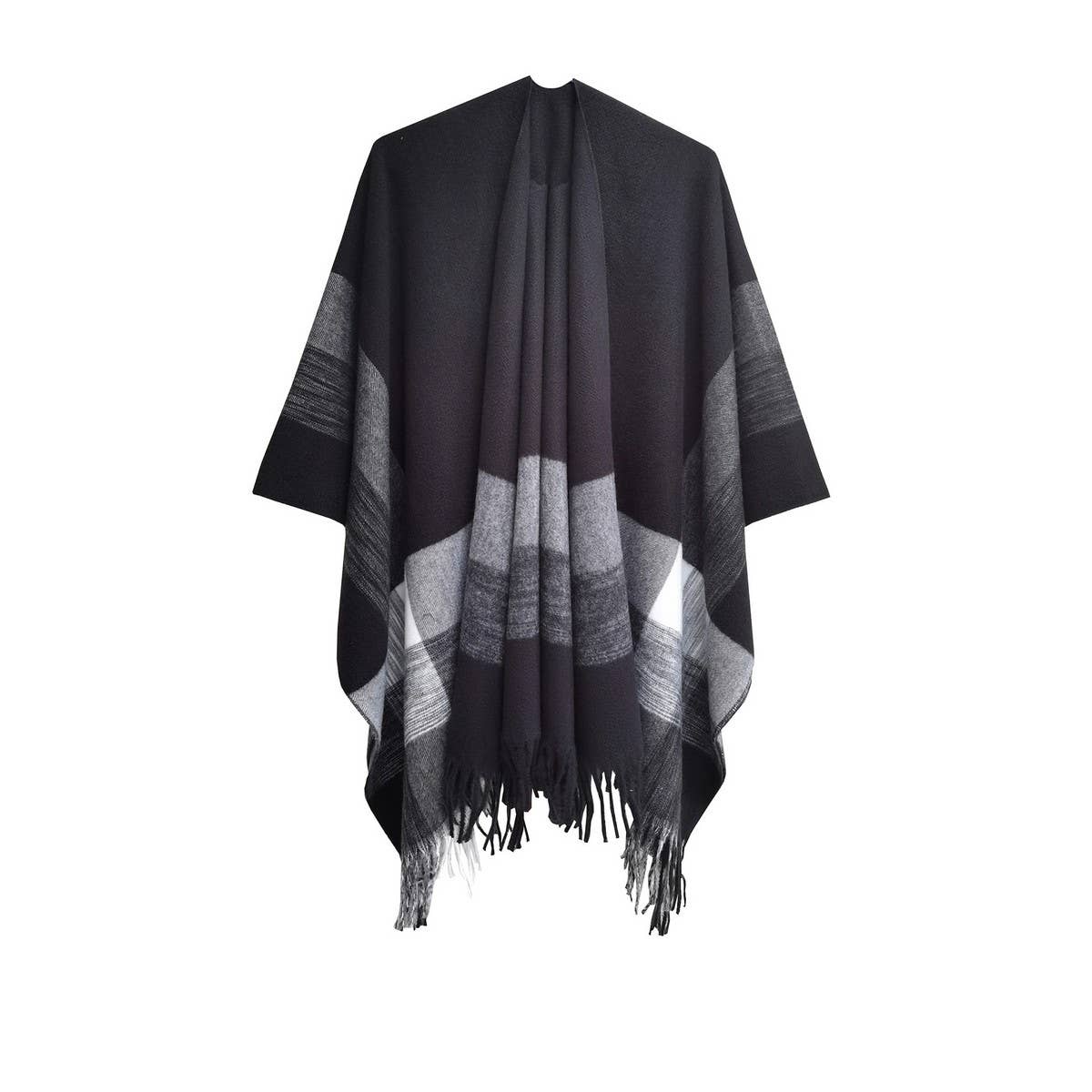MONOCHROME STRIPED TASSEL WARM SHAWL CLOAK_CWASC0281
