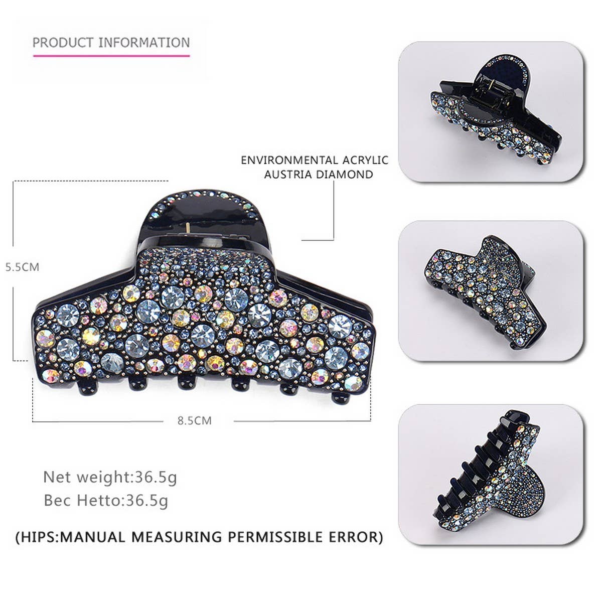 ACRYLIC RHINESTONE HAIRPIN RHINESTONE SHARK CLIP_CWAHA4257