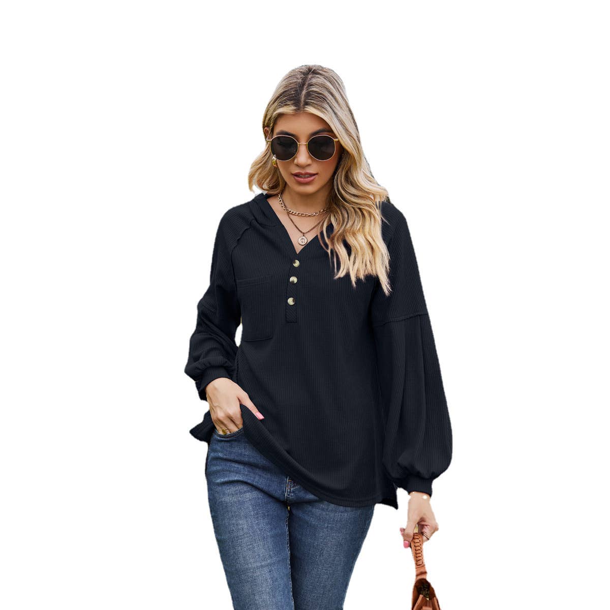 Waffle Hoodie With Hooded Buttons And Long Sleeve